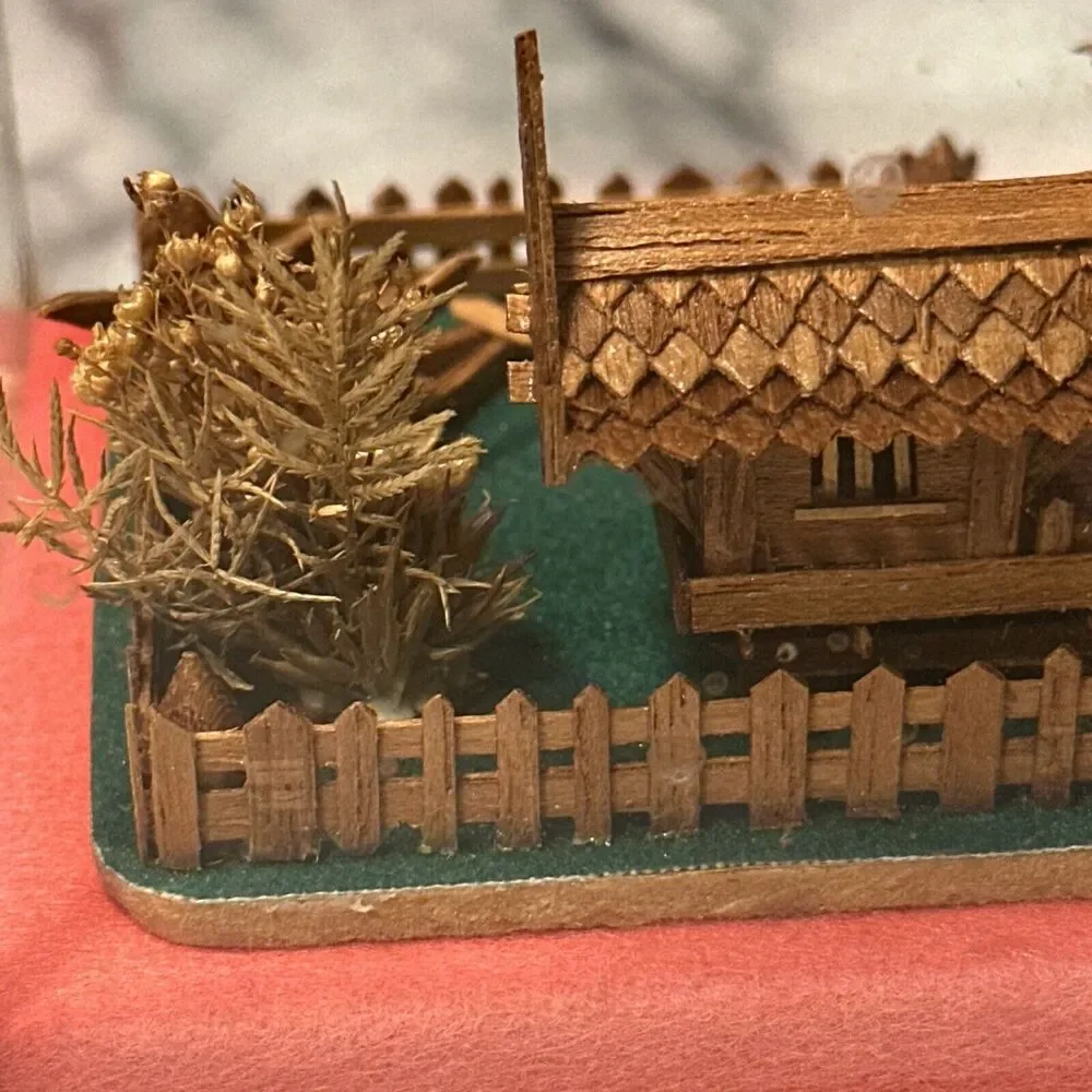 VINTAGE Handmade Teak Wood Thailand House Glass Metal Shadowbox Diorama Souvenir